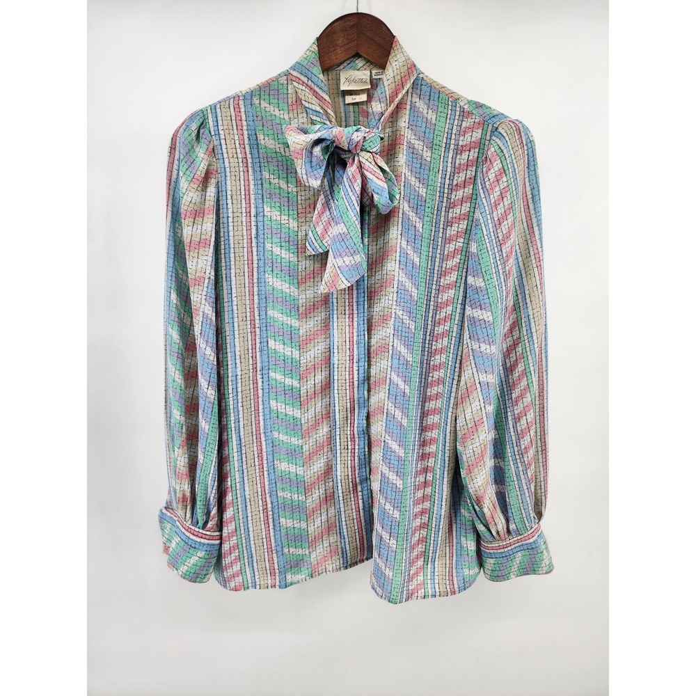 Vintage Pykettes Pastel Striped Pussybow Blouse Womens Size 10 Long Sleeve